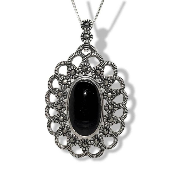 Vintage Oval Onyx Sterling Silver 925 Marcisite Elizabethian Style Pendant 18" - Picture 1 of 6